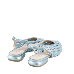 Gallipoli Leather slingback court shoes with low heel and woven design, light blue, 40 EU