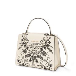 Bouganvillea Leather handbag with flap and embroidery, natural