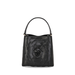 Flower Power Small leather bucket bag with flower, black