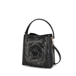 Flower Power Small leather bucket bag with flower, black
