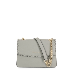 Peonia Small leather crossbody bag with flap and chain, light blue