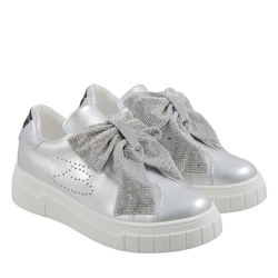 Sneaker Moijto Leather and Rhinestone Bowknot, silver, 40 EU
