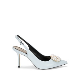Cornflower Slingback Leather And Pearl Accessory, light blue, 39 EU