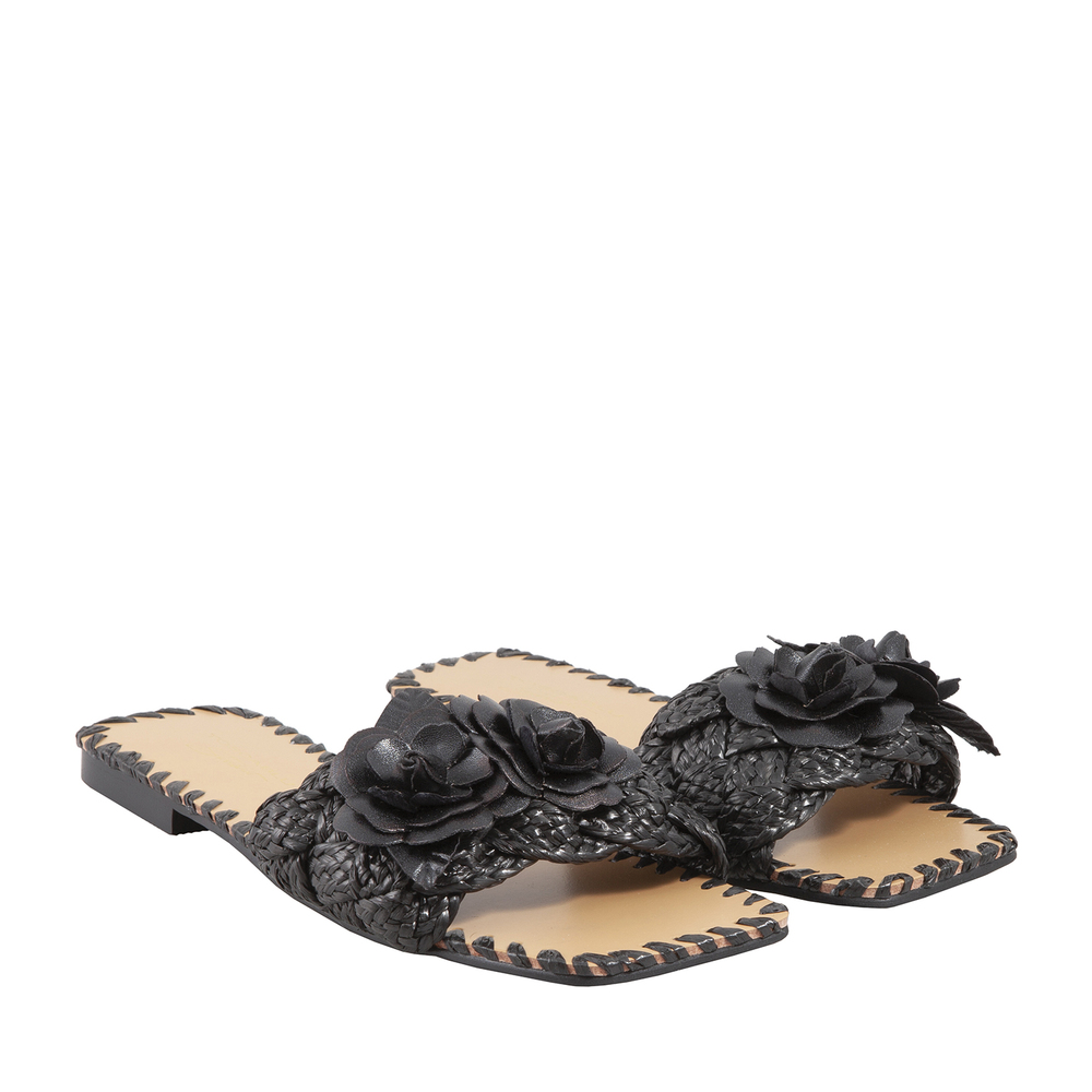 Ostuni Raffia slipper with flower, black, 37 EU