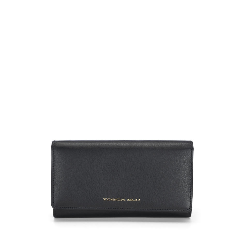 Basic Wallets Large leather wallet with flap, black