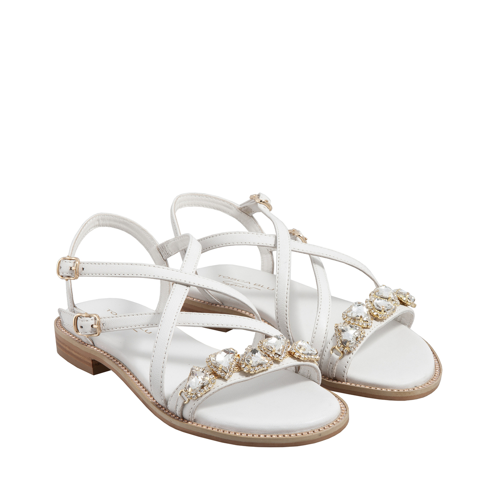 Monterosso Leather low-heel sandal with jewel appliqué, white, 36 EU