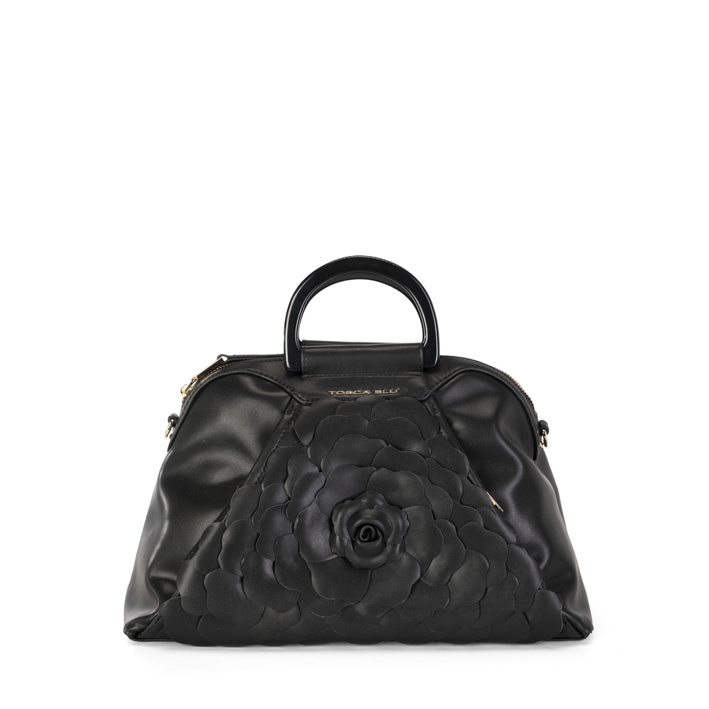 Flower Power Leather handbag with flower, black
