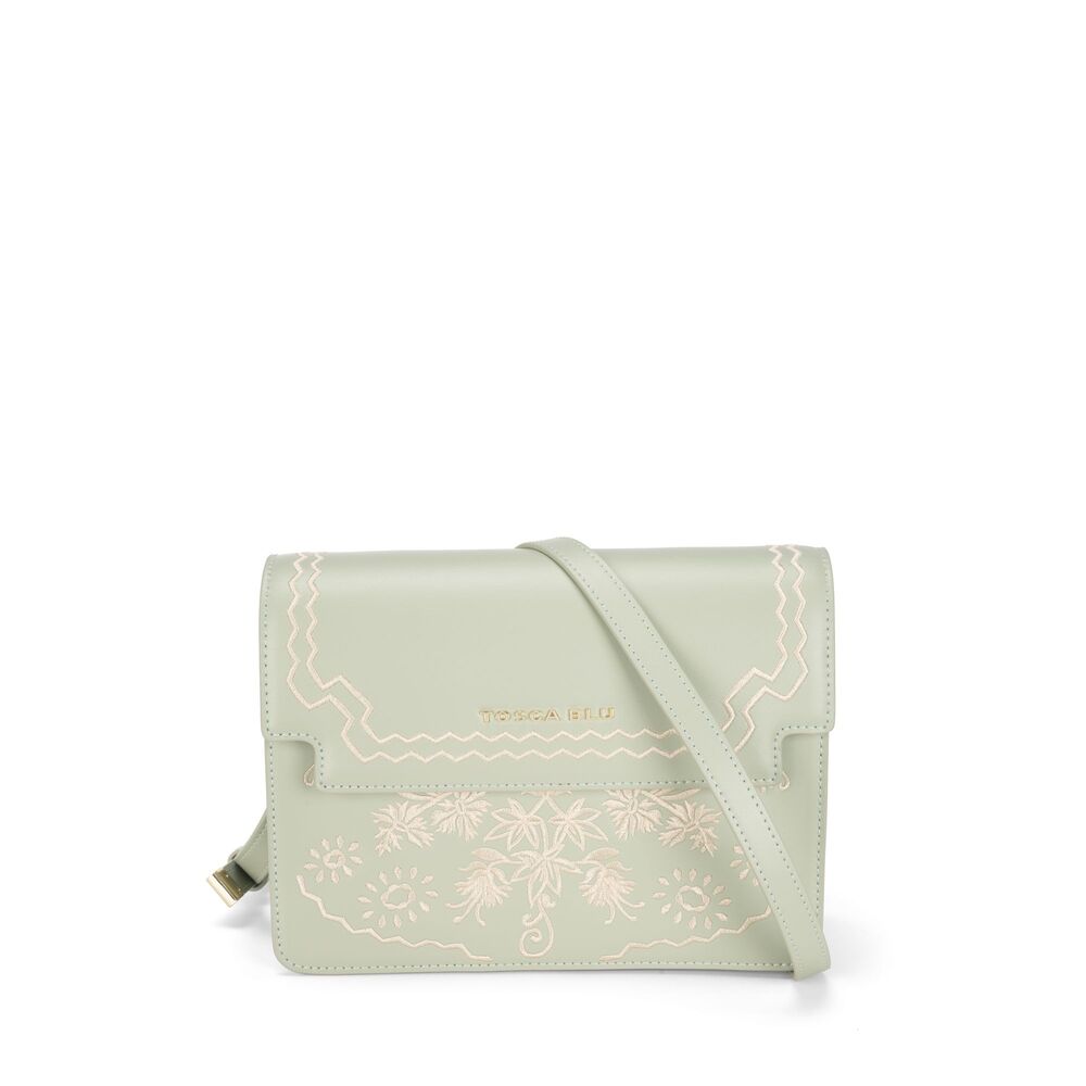 Tosca Blu - Bouganvillea Small leather crossbody bag with flap and embroidery