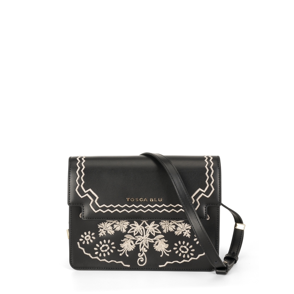 Tosca Blu - Bouganvillea Small leather crossbody bag with flap and embroidery