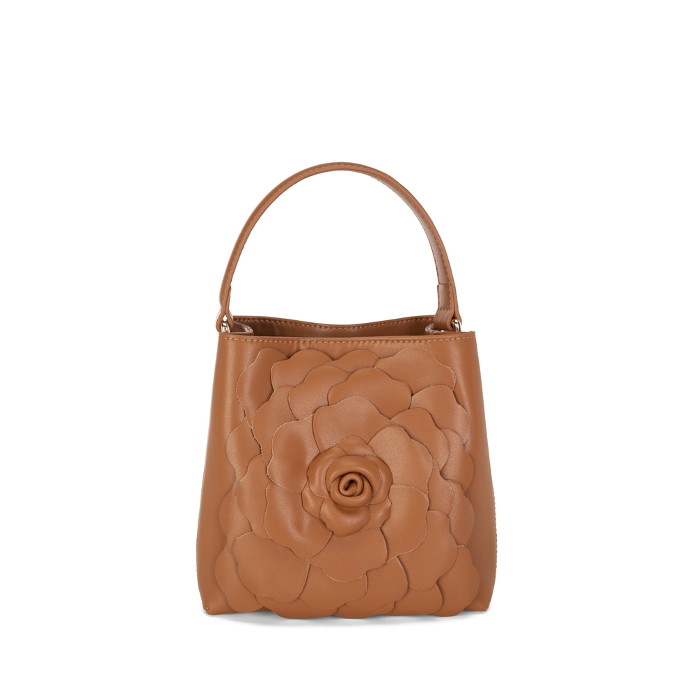 Flower Power Small leather bucket bag with flower, brown