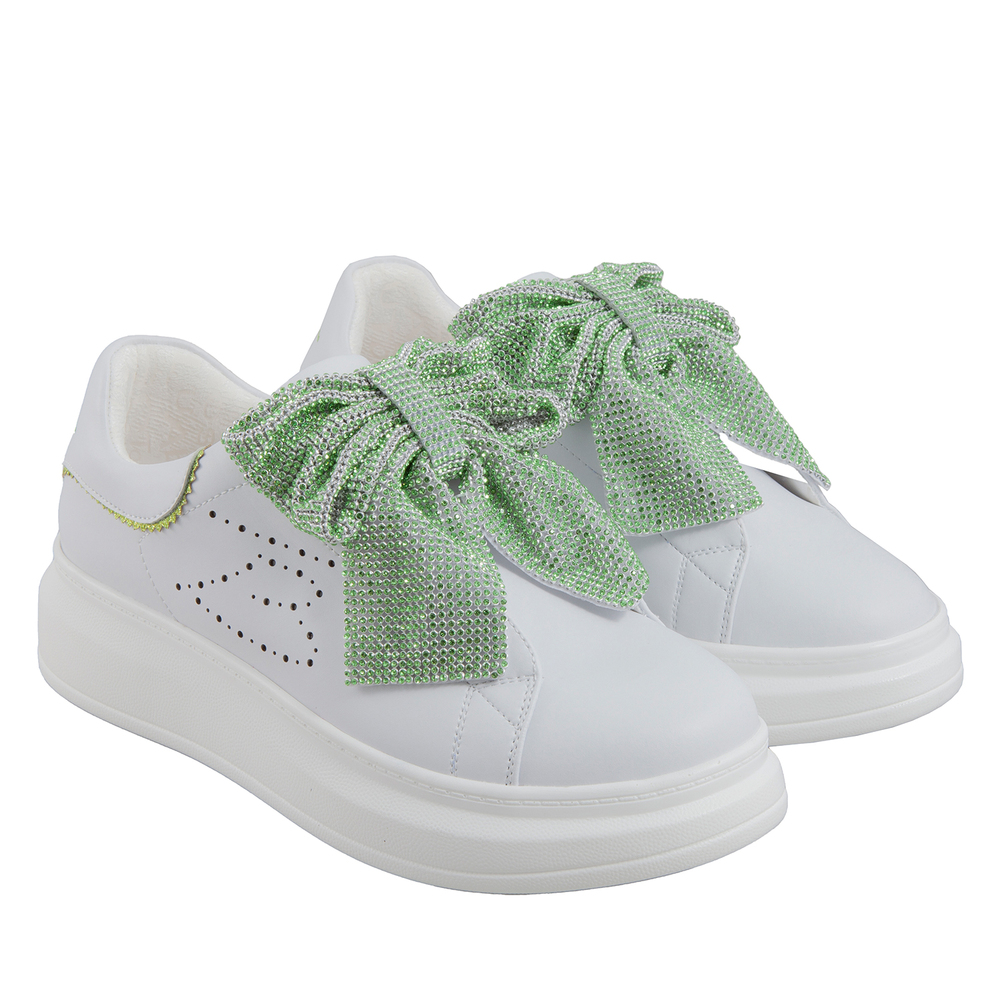 Aloe Leather Sneaker With Rhinestone Bow, white/green, 41 EU
